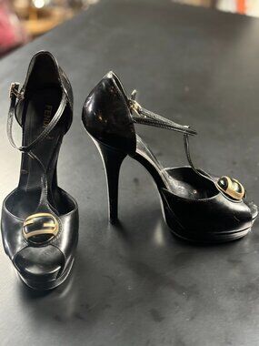 Fendi Black Patent Leather T-Strap Peep-Toe Platform Size 39 | Fits Size 38